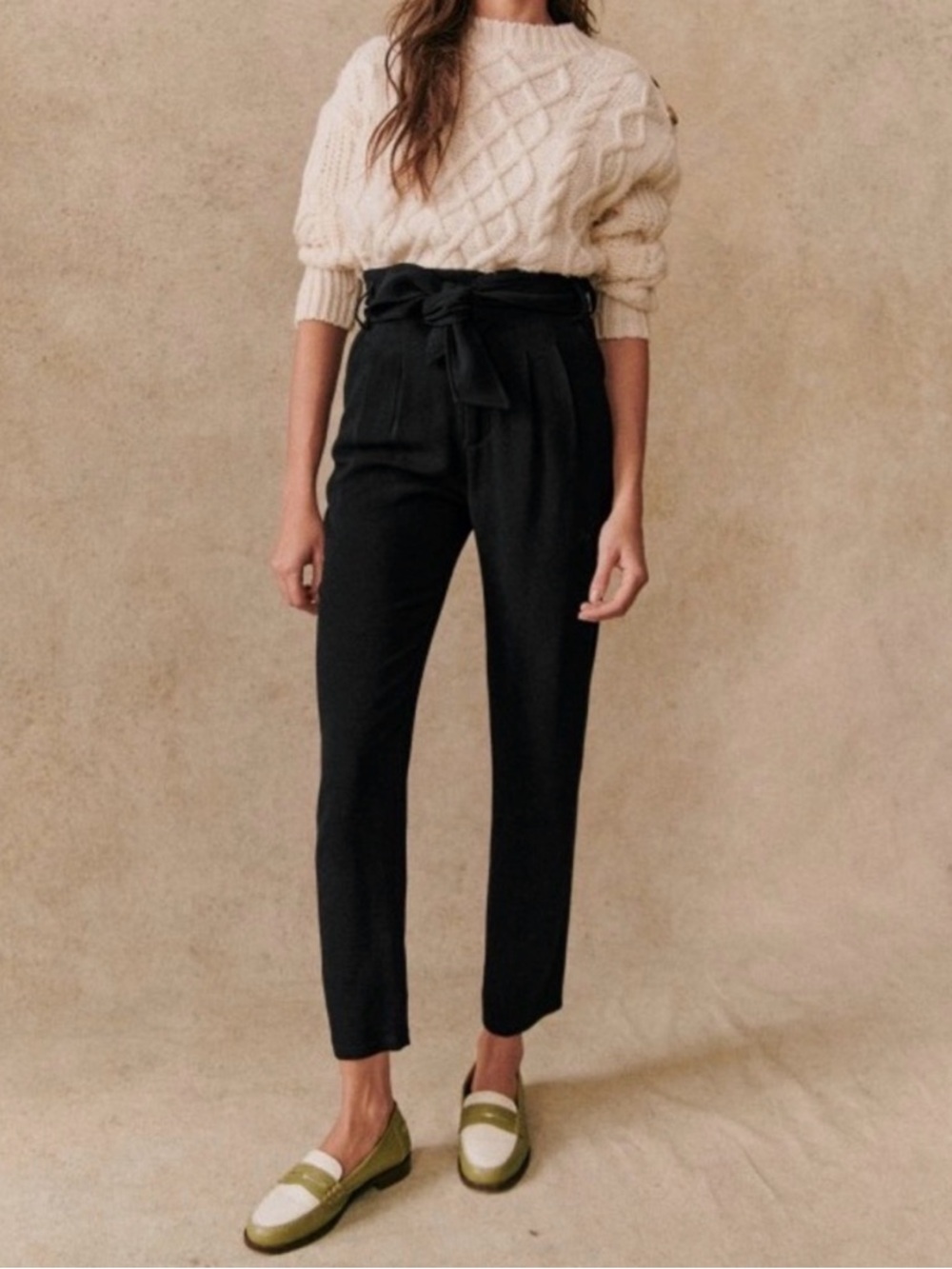 Sezane Austin Black High-Waist Paperbag Tie-Waist Trousers NWT